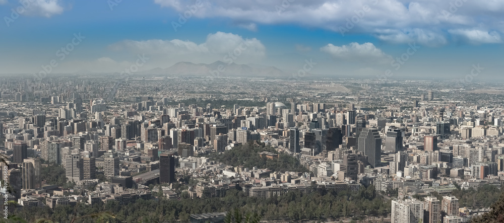 View of the skyline of the sprawling Metropolis of Santiago from the summit of the Cerro San Cristobal (san Cristobal Hill), Chile