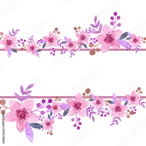 Hand drawn watercolor flower design element with blank line. Rectangle copy space with pink flowers isolated on white background © Sunny_Smile