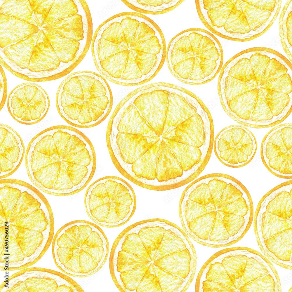 Hand drawn round slices of juicy yellow emon seamless pattern on white. Summer backgrounds with citrus fruits, source of vitamin C