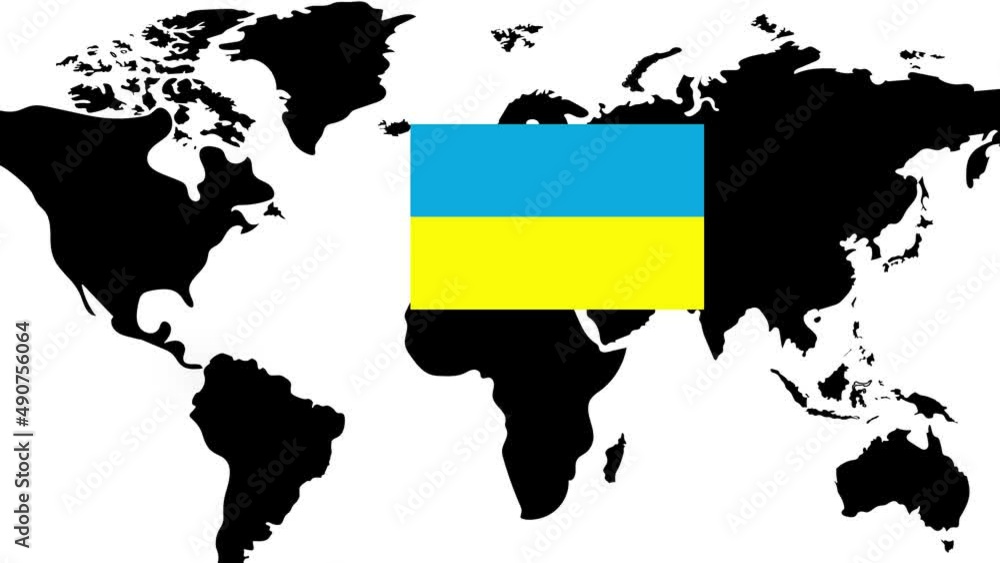 The flag of Ukraine pulsates against the background of the world map