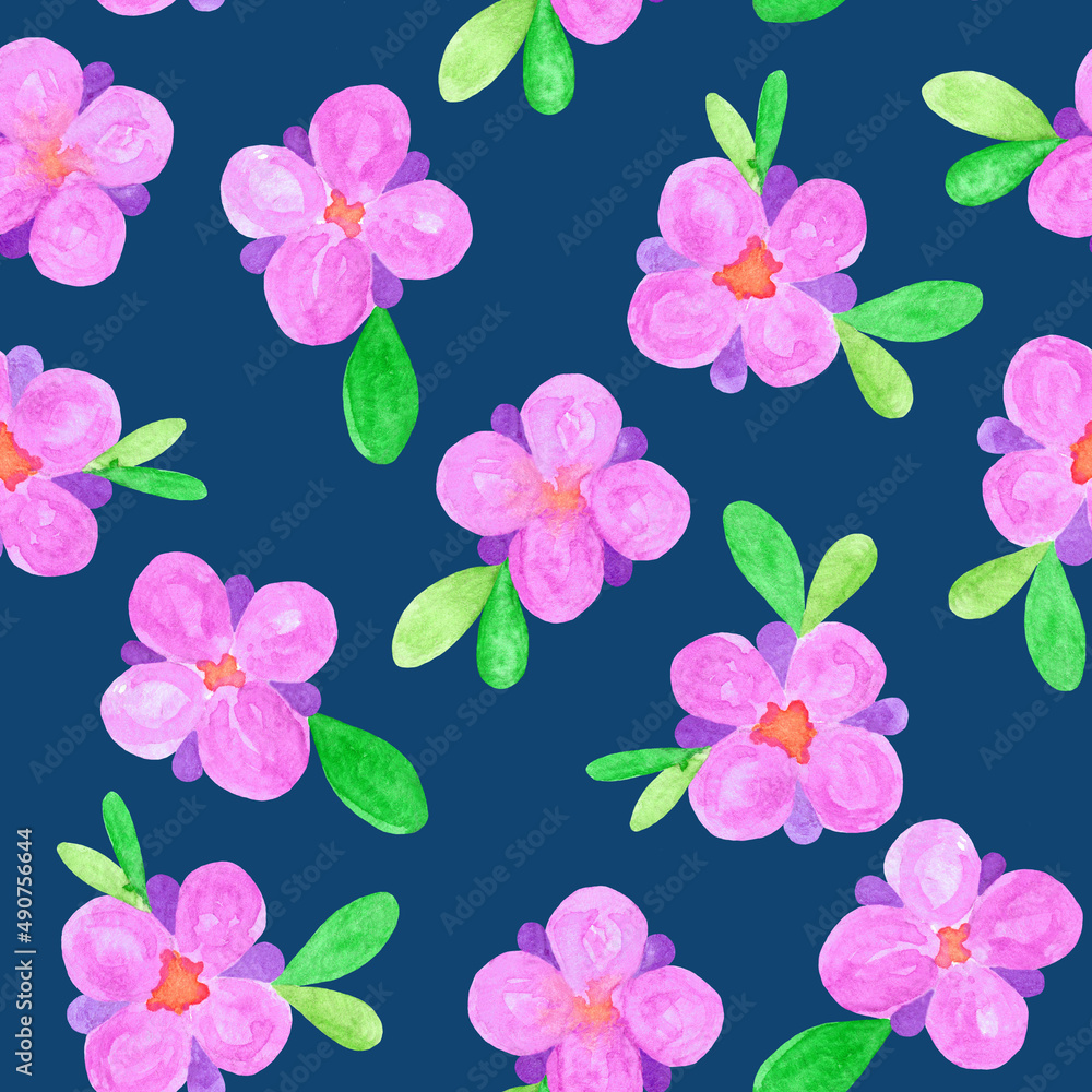 Seamless pattern made of pink flowers on a blue background Seamless pattern made of pink flowers on a blue background