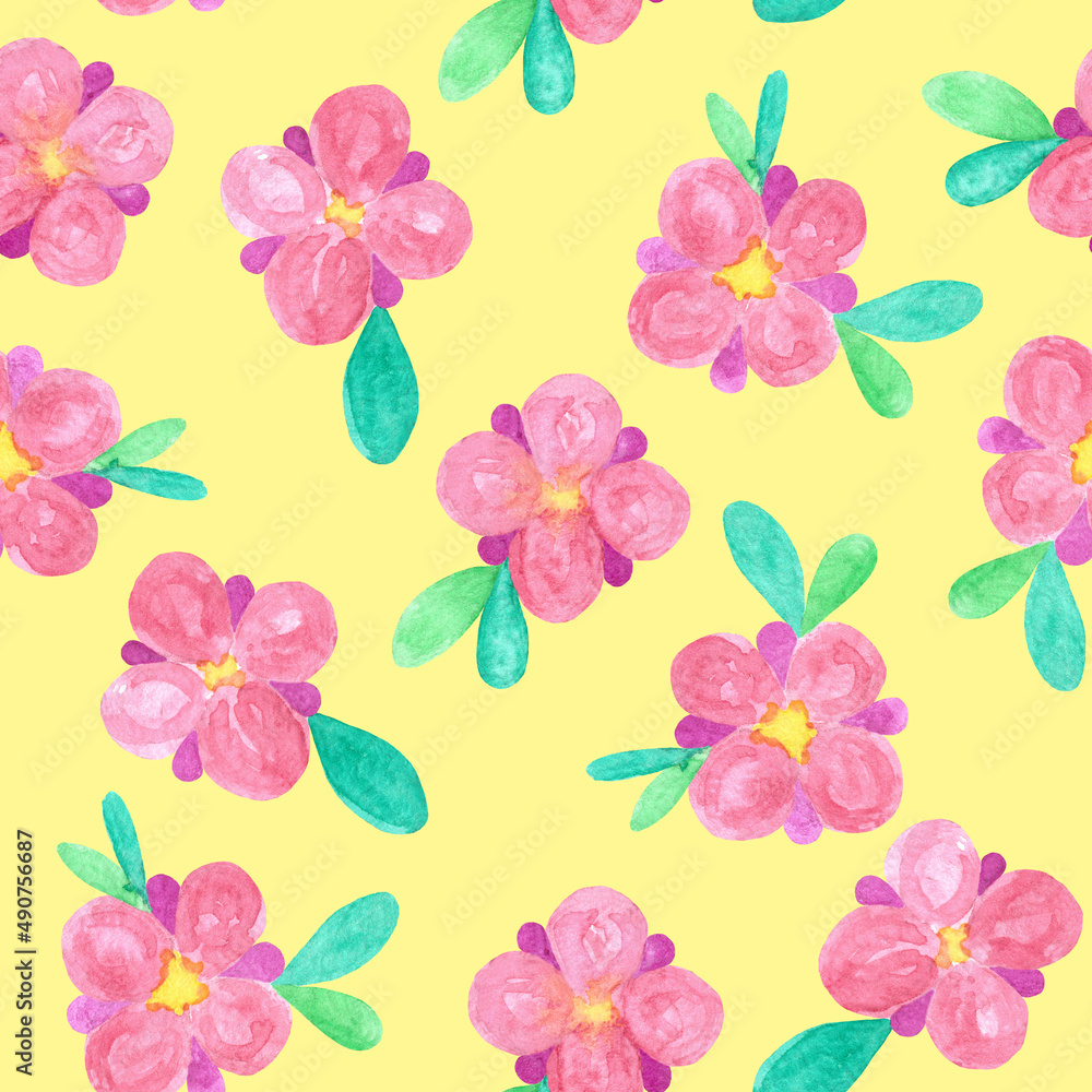 Seamless pattern made of pink flowers on a pale yellow background