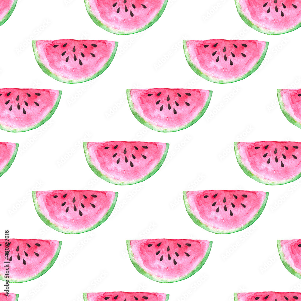 Isolated on white background watercolor bright pink ripe watermelon slices as seamless pattern. Web design element and decoration for print Isolated on white background watercolor bright pink ripe watermelon slices as seamless pattern. Web design element and decoration for print