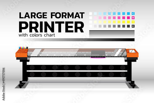 Orange color Large format UV Printer with CMYK colors chart. Industrial machine for banner sign advertising. Vector illustration with layers.
