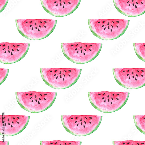Isolated on white background watercolor bright pink ripe watermelon slices as seamless pattern. Web design element and decoration for print