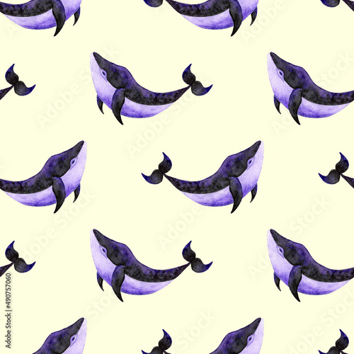 Watercolor endless pattern with hand drawn whales on yellow background.Aquarelle elements