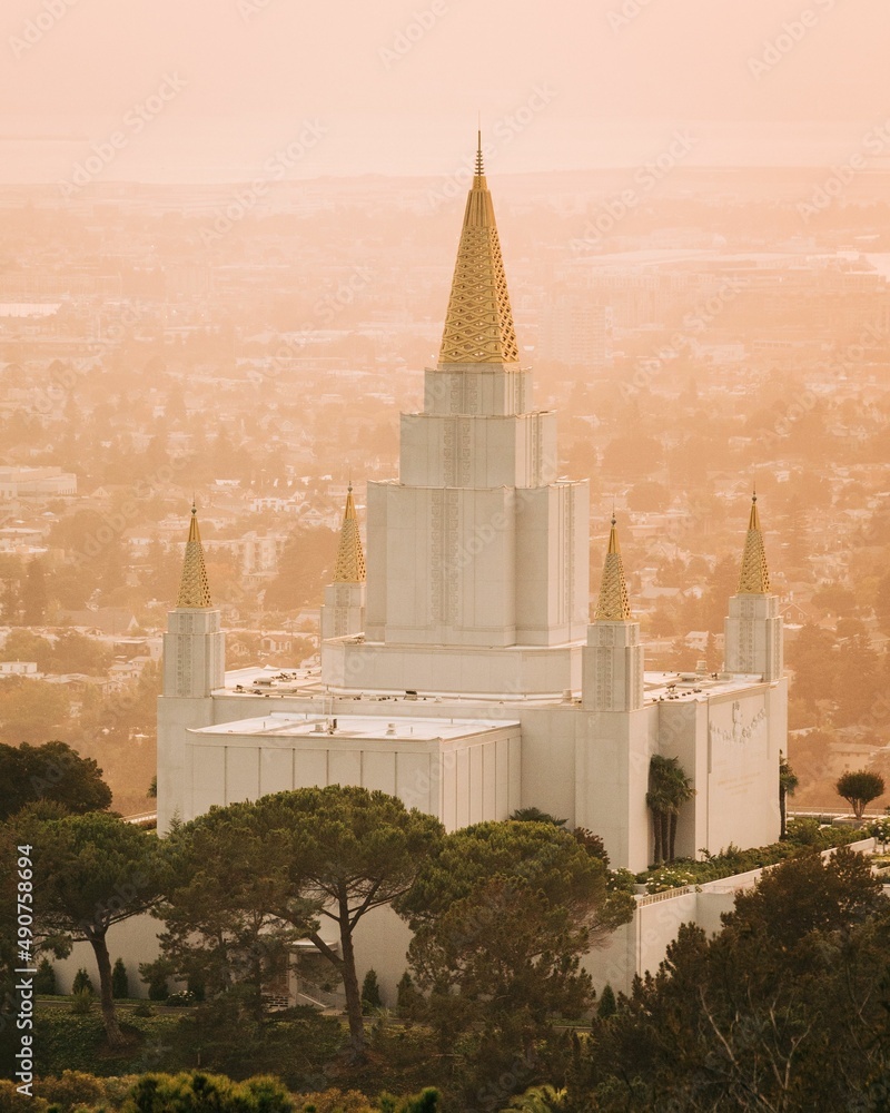 View of the LDS Temple at sunset in Oakland, California