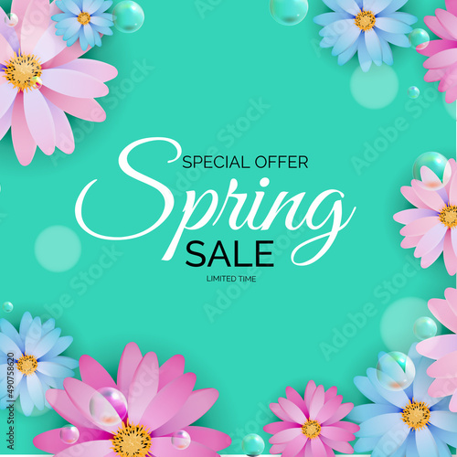 Promotion offer, card for spring sale season with spring plants, leaves and f...