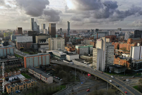 Aerial Photograph of Inner City Manchester with cumulonimbus incus 
