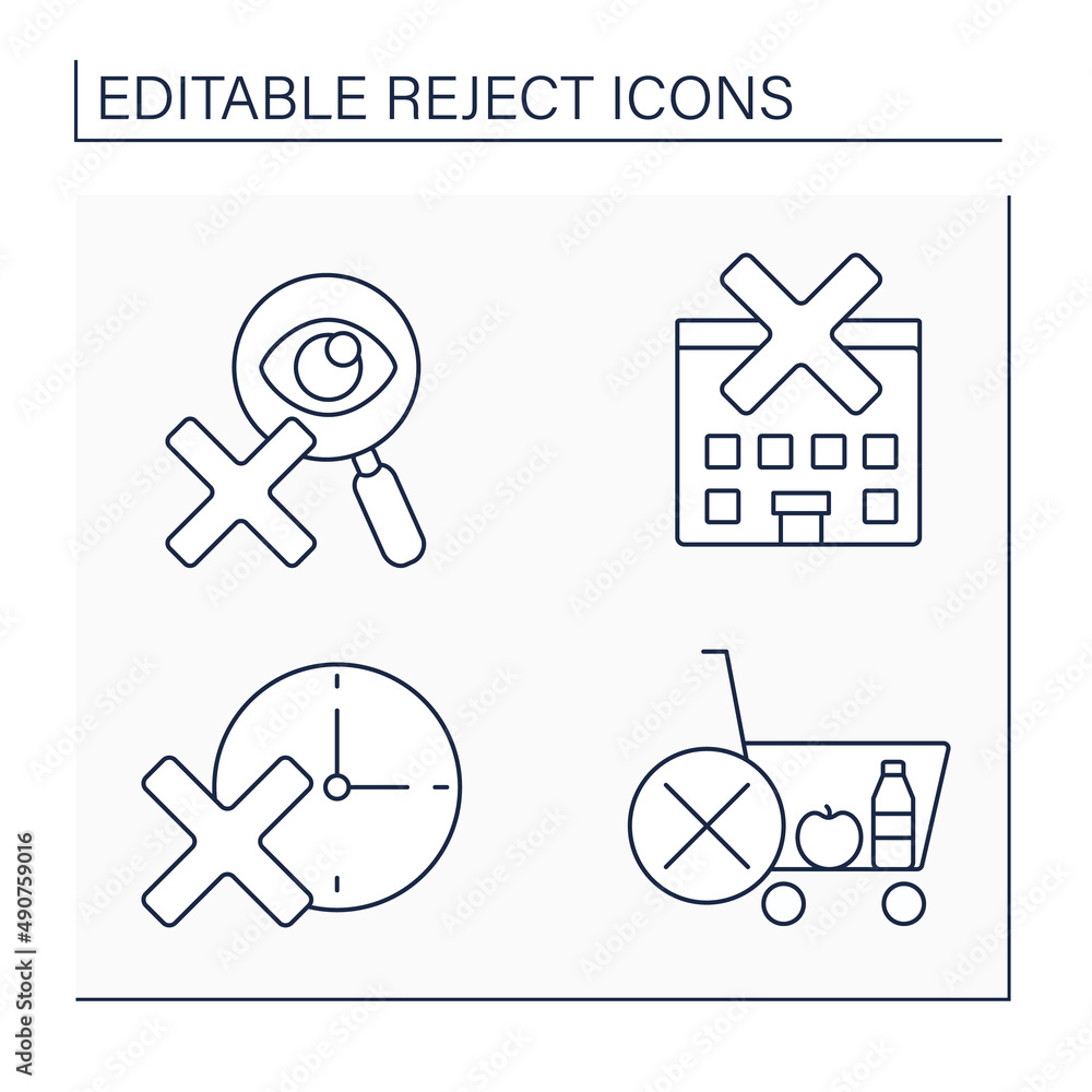 Rejection line icons set. Rejected residence, time, cart and examination. Unacceptance. Cancellation concept.Isolated vector illustrations. Editable stroke Rejection line icons set. Rejected residence, time, cart and examination. Unacceptance. Cancellation concept.Isolated vector illustrations. Editable stroke