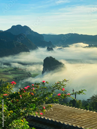 Pha Chang Noi with fog at Phu Langka Forest Park , Phayao, Thailand. Famous mountain in Thailand.
