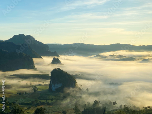 Pha Chang Noi with fog at Phu Langka Forest Park , Phayao, Thailand. Famous mountain in Thailand.