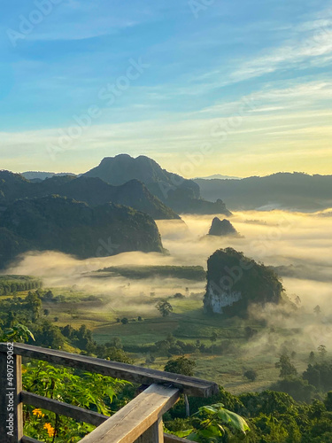 Pha Chang Noi with fog at Phu Langka Forest Park , Phayao, Thailand. Famous mountain in Thailand.
