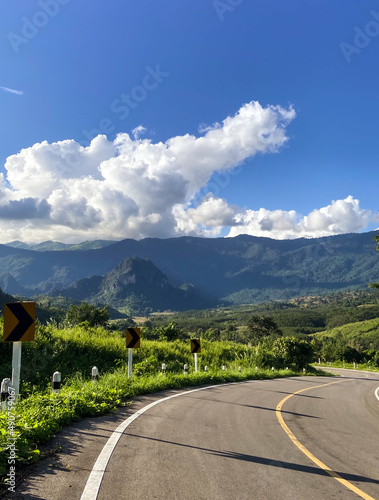 Green Mountains Road and Blue Sky. Nan, Thailand.
