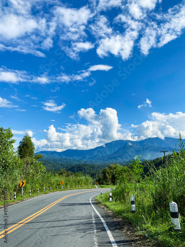 Green Mountains Road and Blue Sky. Nan, Thailand.