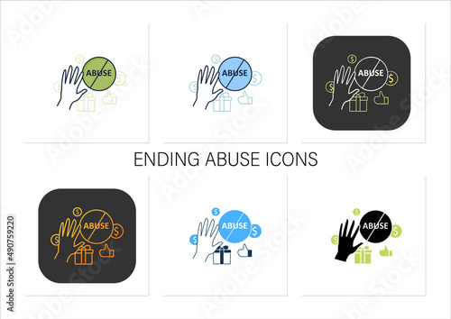 Ending abuse icons set. Stop exploitation. Universal basic income concept.Isolated vector illustration.Collection of icons in linear, filled, color styles.Isolated vector illustrations