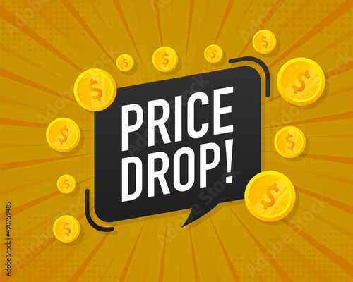 Advertising with flat price drop for banner design. Vector background. Sale banner. Mega sale. Price tag