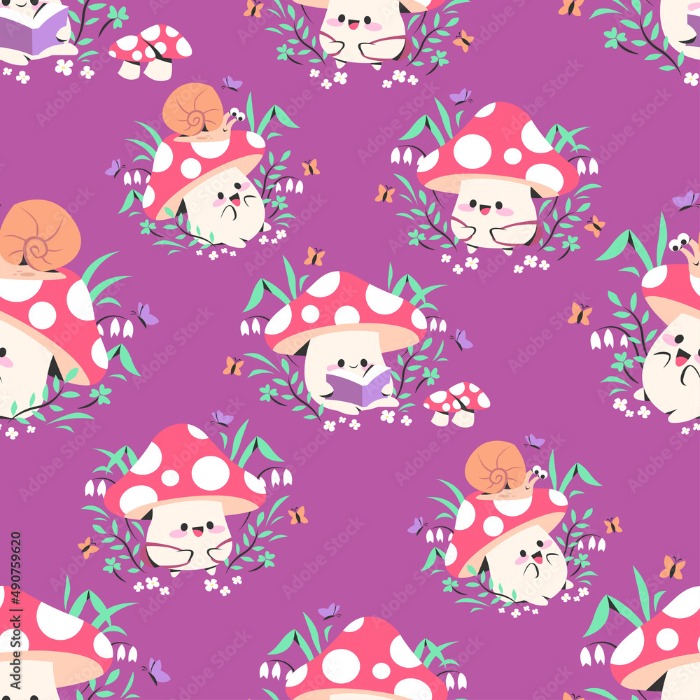 Naklejka premium THE CUTE MUSHROOM CHARACTER IS PLAYING WITH A SNAIL, READING A BOOK AND WALKING. FLAT PATTERN DESIGN.