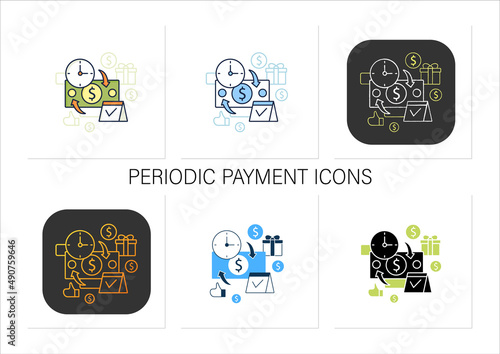 Periodic payment icons set. Recurring payments. Contribute funds as scheduled. Universal basic income concept.Collection of icons in linear, filled, color styles.Isolated vector illustrations