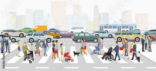Stadtsilhouette mit Familien auf dem Zebrastreifen und Straßenverkehr, Illustration