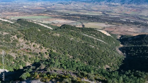 Urria Castle and its surroundings seen from a drone. In Urria in the Sierra de la Tesla. Merindad de Cuesta Urria. The Meringues. Burgos, Castilla y Leon, Spain, Europe photo