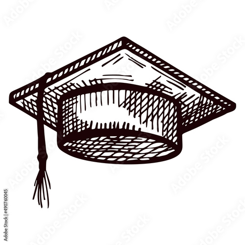 Graduate hat sketch isolated. Vintage element education in hand drawn style.