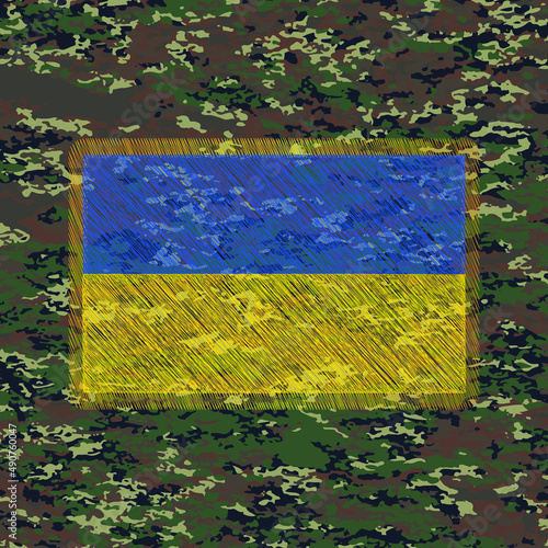 one rectangular blue yellow patch of the Ukrainian flag on Military Camouflage uniform background. The symbolism of a Ukrainian flag on the uniform. Army,
vector, illustration, template, image