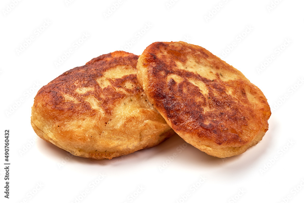 Freshly baked cottage cheese pancakes, isolated on white background.