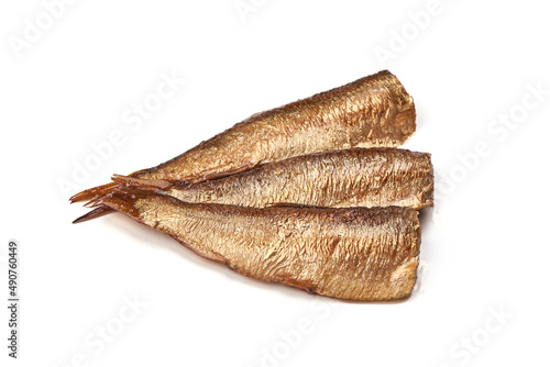 Canned sprats, isolated on white background.