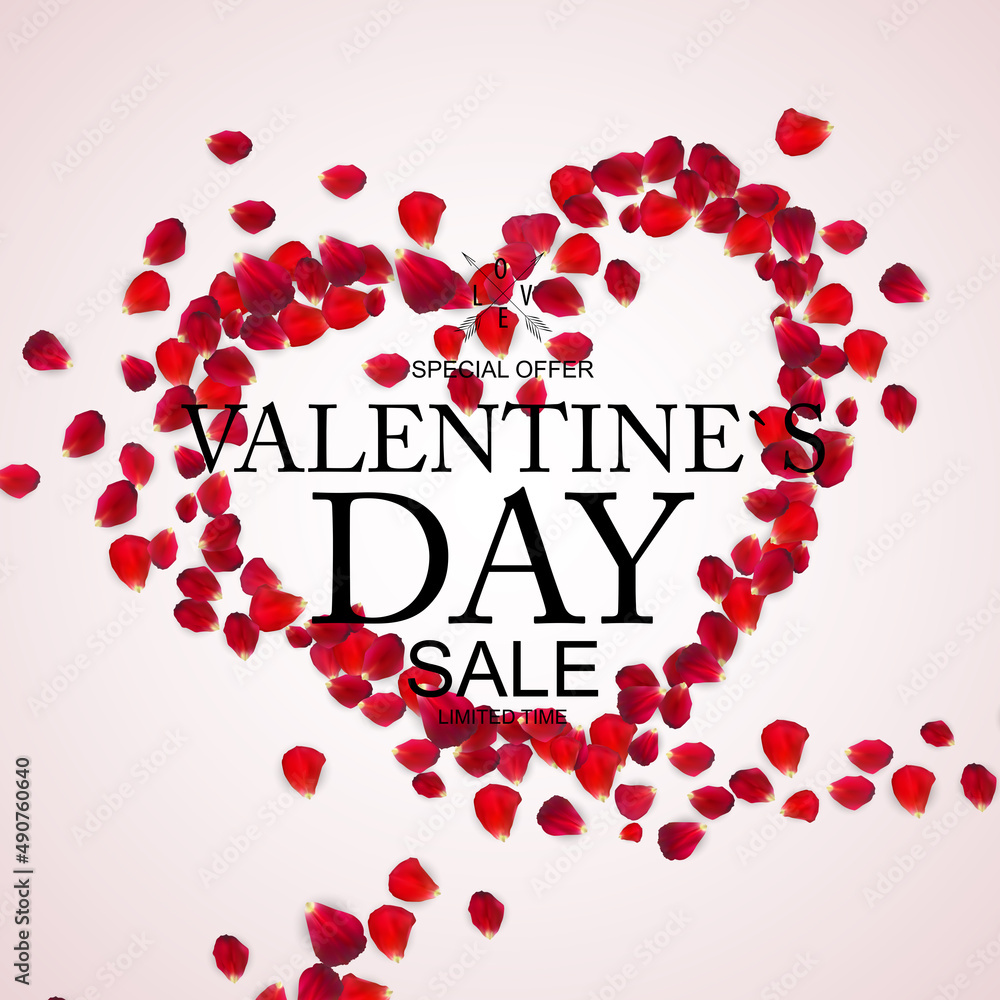 Valentines Day Sale, Discount Card with Rose Petals. Illustration Valentines Day Sale, Discount Card with Rose Petals. Illustration