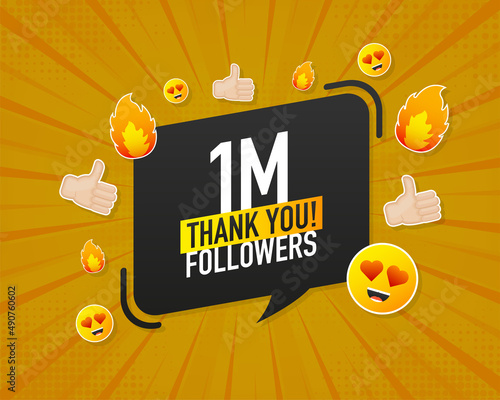 Thank you 1000000 followers on yellow background. White background. Vector design. Flat design. Social media