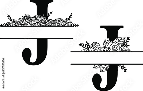 Family floral split monogram. Latin letter J with rose composition on white background