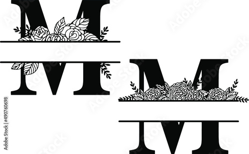 Family floral split monogram. Latin letter M with rose composition on white background