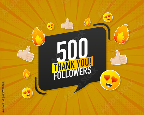 Thank you 500 followers on yellow background. White background. Vector design. Flat design. Social media
