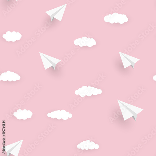 Paper Airplane and Clouds Seamless Pattern Background Illustration