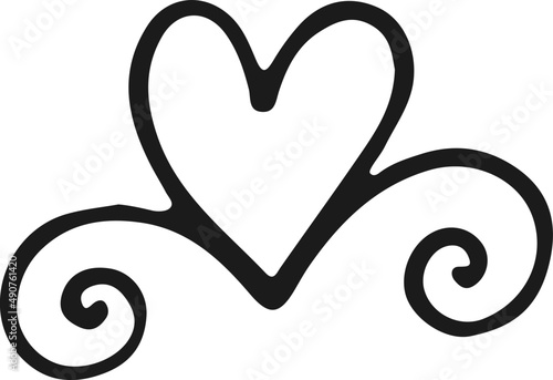 Vintage decorative heart with curve, romantic black illustration