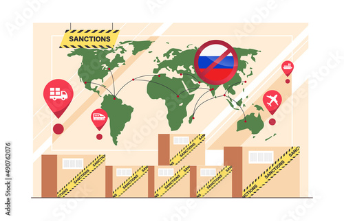 International sanctions agan Russia concept. Limited import and export, trading ban, bank account ban, financial and economic sanctions vector illustration. Stop cargo traffic and collaboration. photo