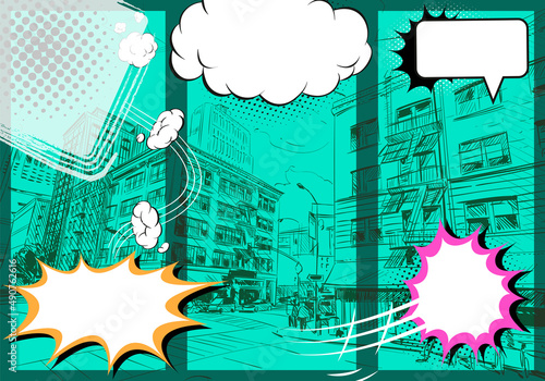 Comic book layout template,speech bubbles on a city backgrounds. Design industry for posters, placards,banners, flyers. Hand drawn illustration.