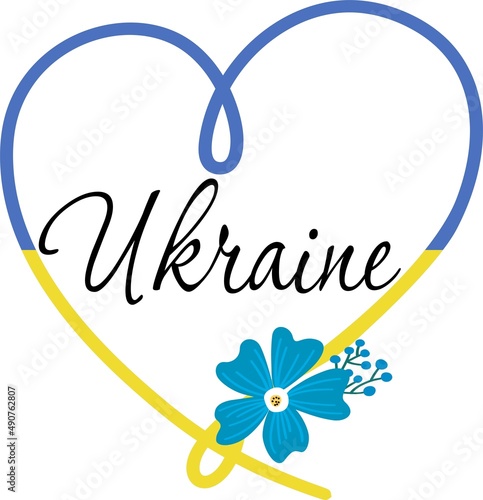 Ukraine lettering banner. Yellow and blue colors Line heart with flower
