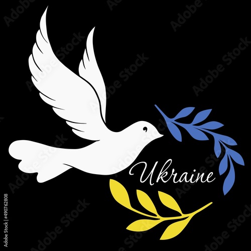 Symbol of peace, dove bird. Ukraine lettering with olive branch.