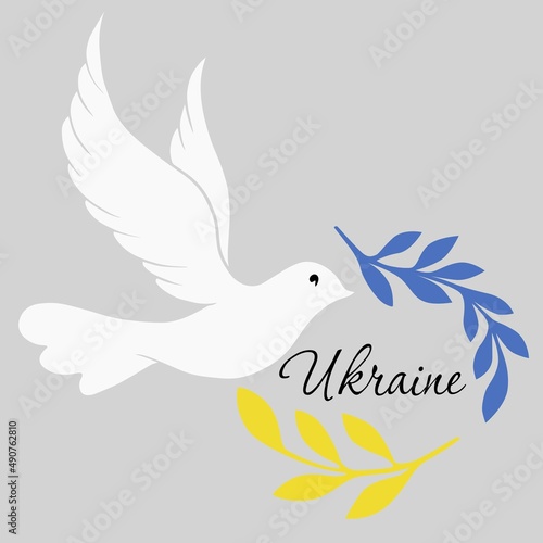 Symbol of peace, dove bird. Ukraine lettering with olive branch.