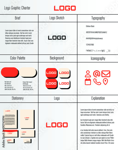 Graphic charter vector.document of visual elements company identity contain.brief, logo sketch, golden ratio, typography, color palette, background, iconography, stationery designs, logo, explanation