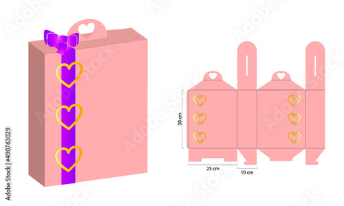  Gift box with handle Prepared for real cardboard production. (Internal measurement 25x30x10cm) With Vector Illustration of the Gift Box.