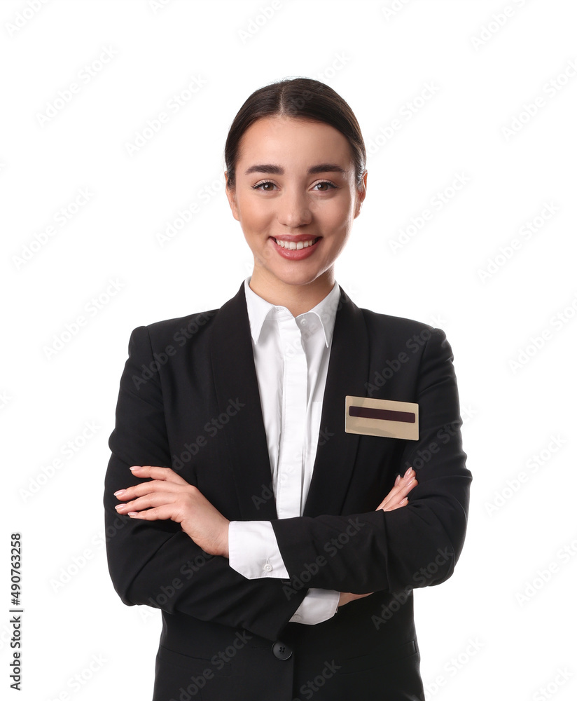 Portrait of happy young receptionist in uniform on white background Portrait of happy young receptionist in uniform on white background