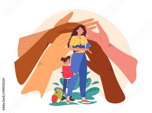 Concept of support and protection of ukrainian single mothers with babies. Helping hands and help from family and society for mothers with children from ukraine. Motherhood support vector illustration