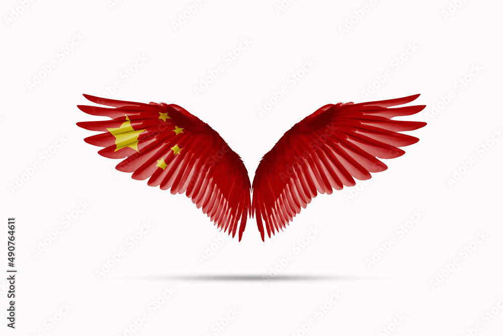 Chinese flag colored wings Isolated on white background, double exposure style. cutting path Chinese flag colored wings Isolated on white background, double exposure style. cutting path