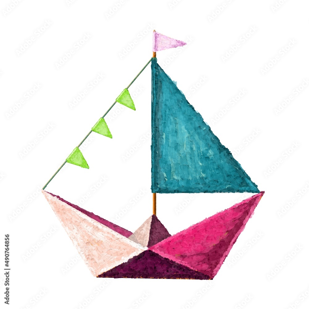 Fototapeta premium Paper boat on white. Color illustration of a paper boat with a colored sail. Oil paints. Spring colors. Idea for children's art, children's books, color books, greeting cards.