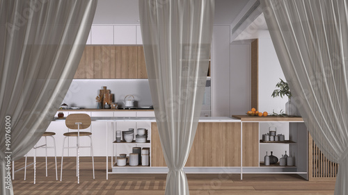 White openings curtains overlay modern wooden kitchen, interior design background, front view, clipping path, vertical folds, soft tulle textile texture, stage concept with copy space © ArchiVIZ