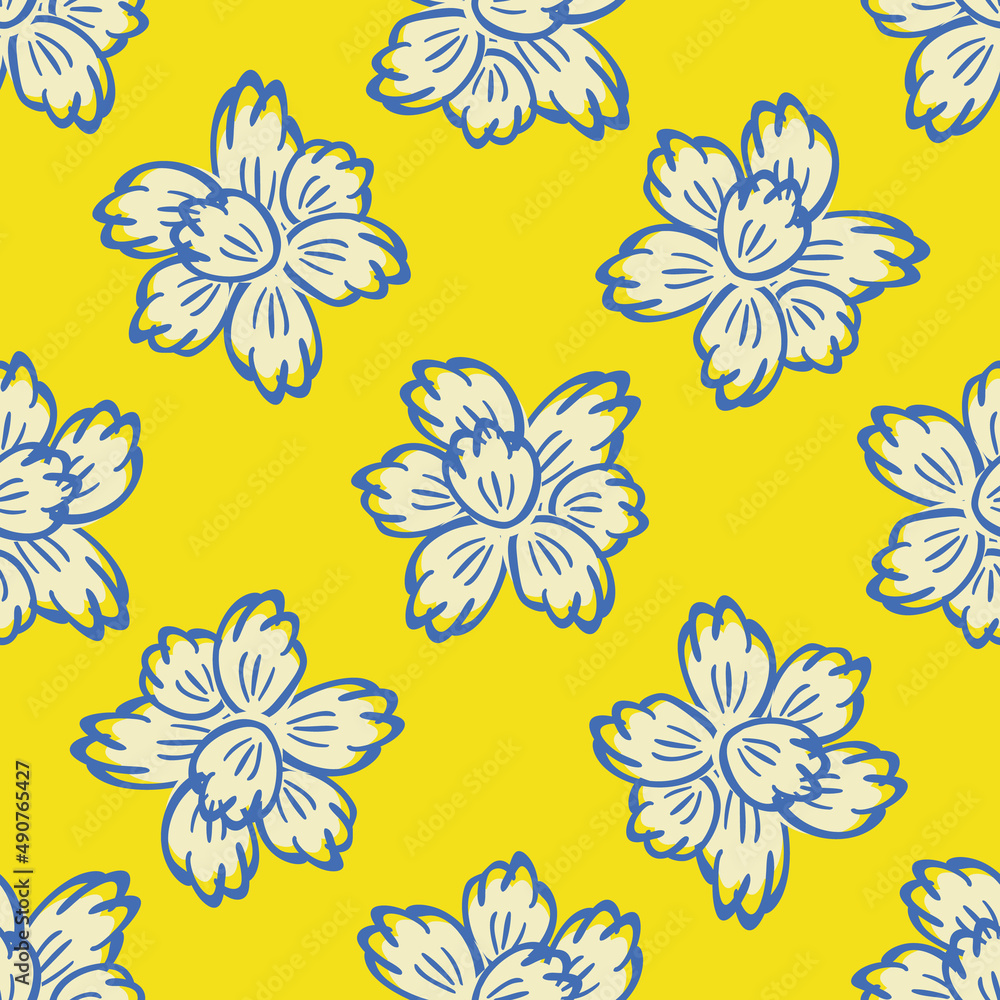 Abstract daffodil flowers vector seamless pattern background. Backdrop of bright yellow blue mix of flower heads backdrop. Hand drawn design in offset style. Spring floral botanical nature repeat