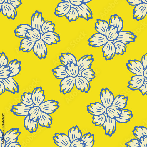 Abstract daffodil flowers vector seamless pattern background. Backdrop of bright yellow blue mix of flower heads backdrop. Hand drawn design in offset style. Spring floral botanical nature repeat